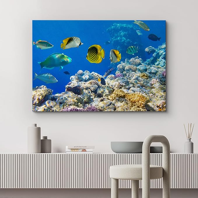 wall26 Canvas Print Wall Art Tropical Island Ocean Sea Fish Coral Reef Nature Animals Photography Realism Rustic Scenic Landscape Wilderness Earth Colorful for Living Room, Bedroom, Office - 12"x18"