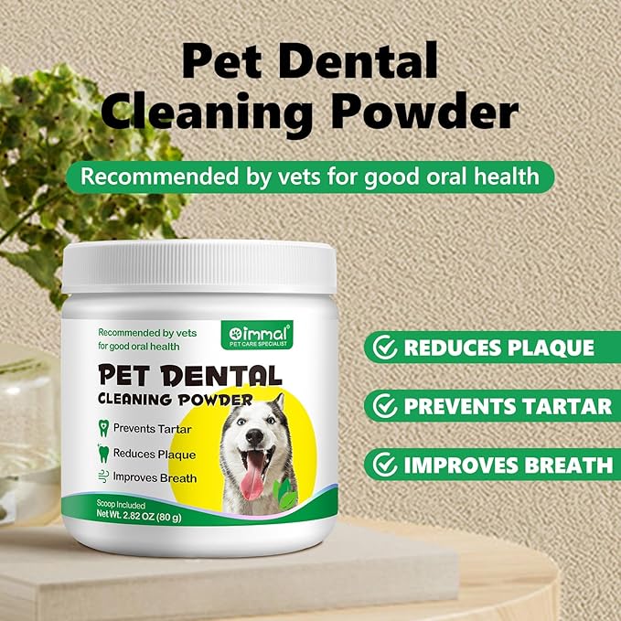 Teeth Cleaning Powder for Dogs - Dental Freshener with Probiotics for Bad Breath, Plaque, Tartar - Dental Care for Small, Medium, Large Dogs - 80g