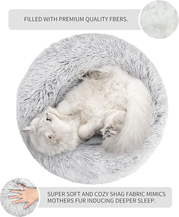 Love's cabin Calming Cat Bed for Indoor Cats, Anti-Anxiety Donut Round Dog Bed, Fluffy Faux Fur Washable Pet Bed for Small Medium Dogs and Cats,Grey,20in