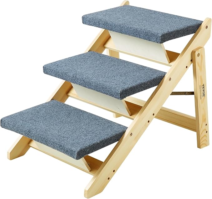 VEVOR Wood Pet Stairs/Pet Steps, 2-in-1 Foldable Wooden Dog Stair for Beds, Sofa and Cars, Dog Stairs & Ramp with 3 Steps for Small Medium Large Pet, up to 150 lbs