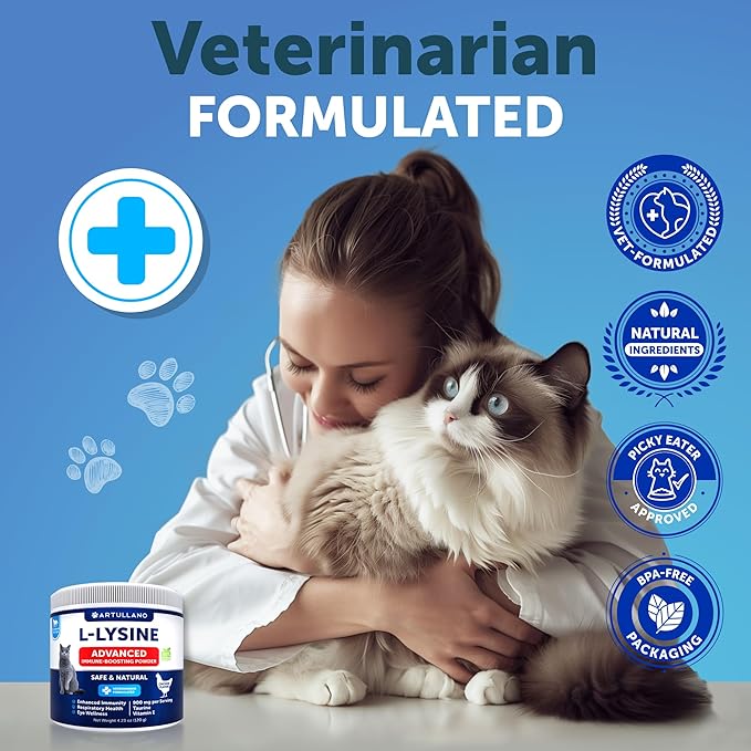L-Lysine for Cats - Lysine Powder Supplement - 900mg/serving - Immune Support for Cats & Kittens - Sneezing, Runny Nose, Squinting, Watery Eyes, Cold, Eye Function, Respiratory Health - with Taurine