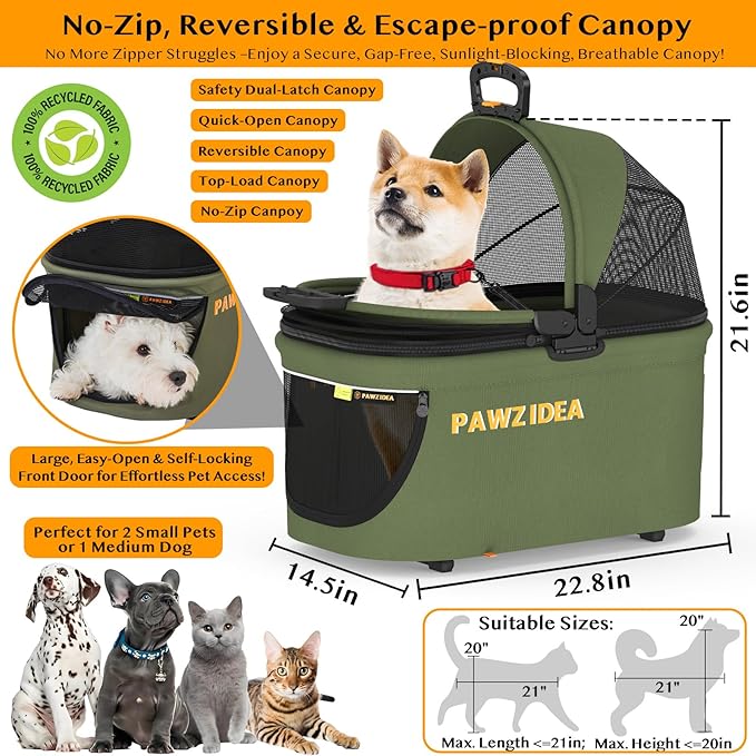 PAWZIDEA Cat Stroller 4 in 1, Pet Stroller for Small/Medium Dogs with Detachable Carrier Easy Lock NO-Zip Canopy, Seatbelt Dog Car Seat, Cozy House, Foldable Dog Jogger Strollers, Large Storage Basket