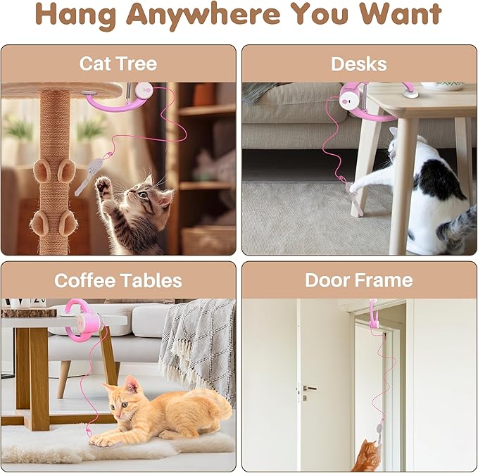 Interactive Cat Toys Rechargeable, Feather Toy for Indoor Cat, Hanging Retractable Teaser Toy, Automatic Kitten Play Chase Exercise Toys with Three Plush Mouse, USB Powered (Pink)