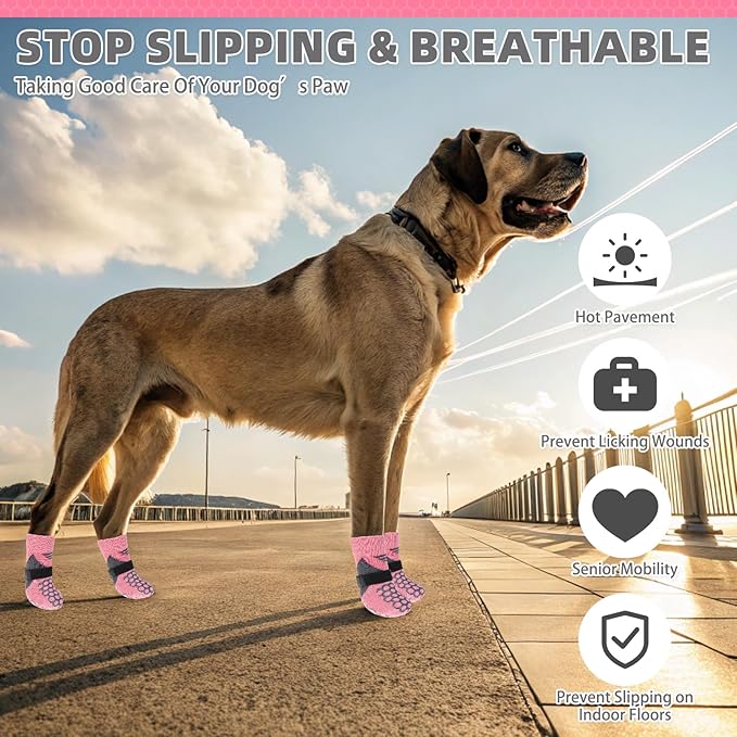 KOOLTAIL Dog Socks for Hot Pavement, Summer Breathable Dog Socks to Prevent Licking Paws, Non Slip Pet Boots & Paw Protectors for Hardwood Floor,Grippy Shoes for Small Medium Large Senior Dogs,Pink M