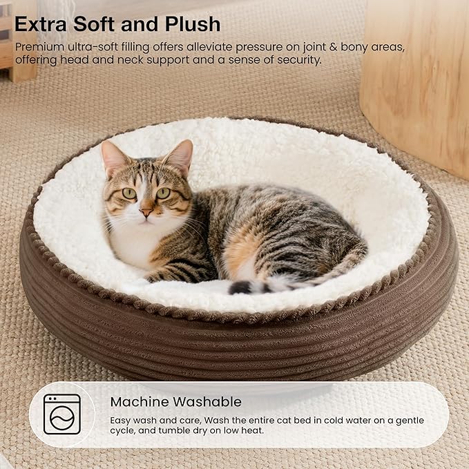 Love's cabin Round Donut Cat and Dog Cushion Bed, 20in Pet Bed for Cats or Small Dogs, Anti-Slip & Water-Resistant Bottom, Super Soft Durable Fabric Pet beds, Washable Luxury Cat Dog Bed Brown Stripe