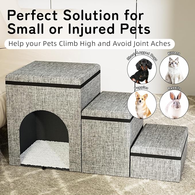 Dog Stairs with Storage, 3-Step Wider Dog Steps with Condo for Dogs and Cats, Pet Stairs for High Bed Climbing, Grey