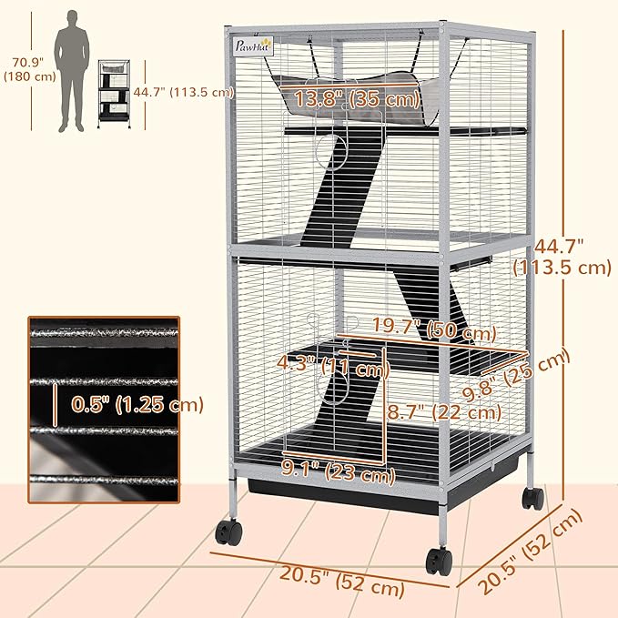 PawHut Metal Small Animal Cage, 4-Tiers Rolling Big Ferret Cage with Hammock, Removable Tray, for Chinchilla, Sugar Glider, White