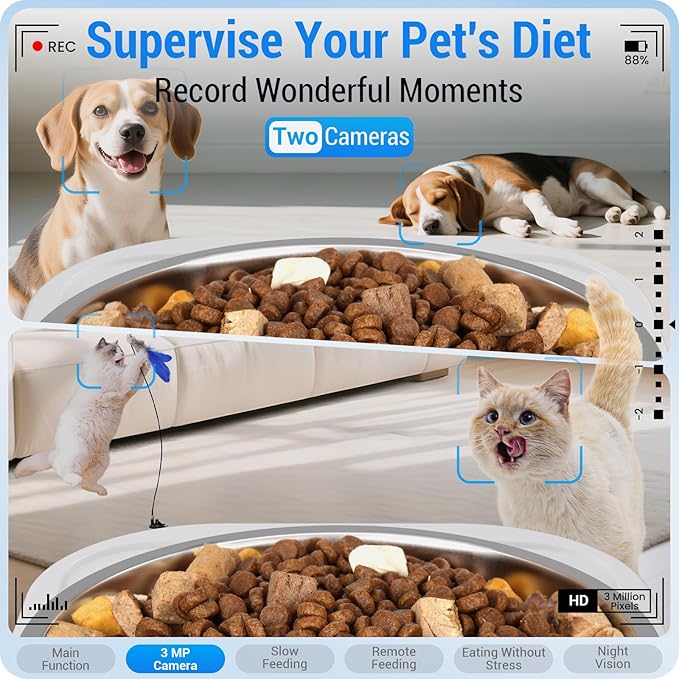 Automatic Cat Feeder with 2 Camera for 2 Cats: 5G WiFi Automatic Dog Feeder with Night Vision & Slow Feed, 7L Auto Cat Food Dispenser for Multiple Pet, Detachable for Easy Cleaning - 29 Cup