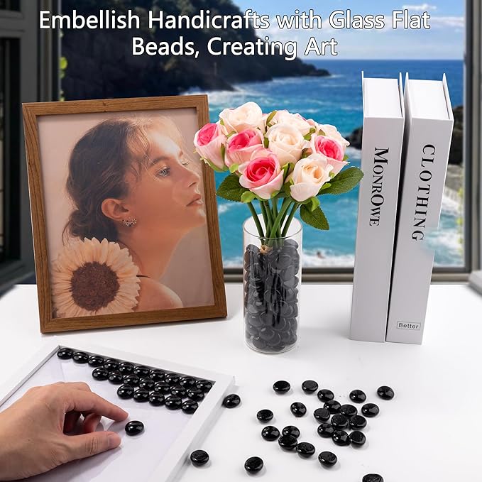 Black Glass Marbles, 0.97 LB Flat Glass Beads for Vases, Mosaic Gem Pebbles for Aquarium Decor, Floral Arrangements Vase Filler Smooth Mancala Stones and Crafts Approx. 80-100PCS