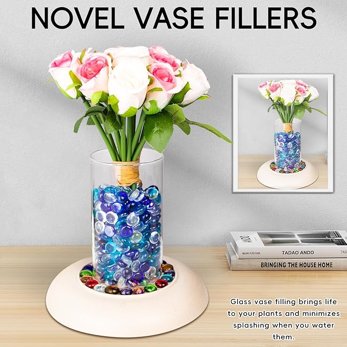 1 LB Blue Mix Color Glass Marbles, Mini Flat Glass Beads~150PCS for Vase Fillers, Floral Bottom Mancala Gems Pebbles Fish Tank Rocks for Table Aquarium,Home Decor Art Craft Supplies(0.5"~0.7")