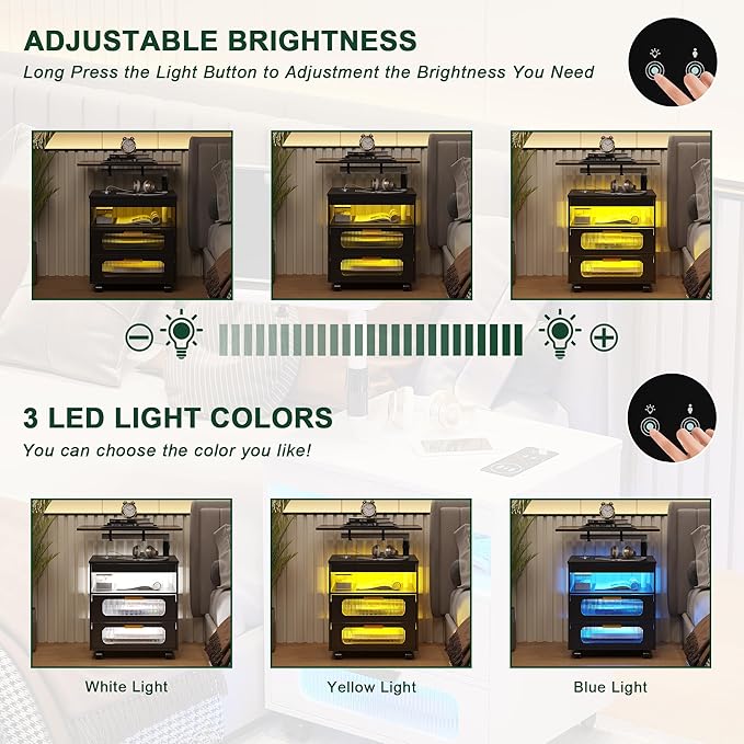 HNEBC Nightstand Set of 2, LED Nightstand with Wireless Charging Station/USB Ports,Smart Nightstand Has Adjustable Rotary Workstation with 2 Drawers,Modern Bedside Table for Bedroom Furniture(Black)