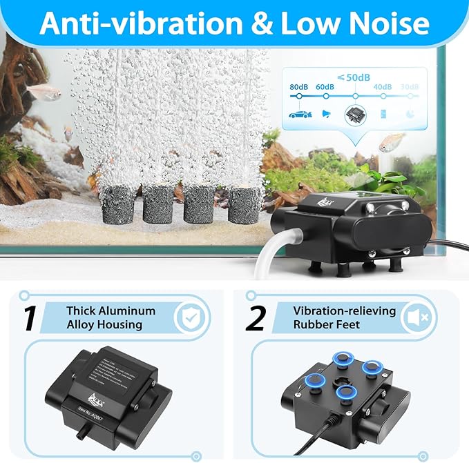 AQQA Powerful Aquarium Air Pump Adjustable Fish Oxygen Aerator Pump for Basement Aquarium Ponds Hydroponic 4 Outlets Commercial Air Pump Bubbler with Accessories for Fish Tank Up to 600Gal(10W,237GPH)