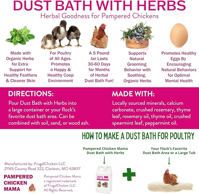 Pampered Chicken Mama 6 lb Dust Bath with Organic Herbs & Essential Oils for Chickens, Quail, & Poultry | Dust Bath for Chickens to Keep Feathers Clean & Healthy