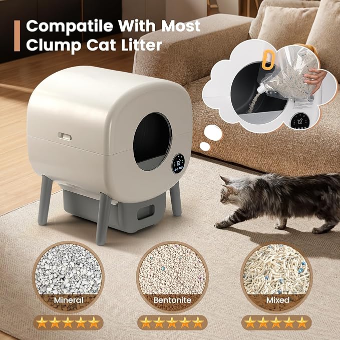 Self Cleaning Litter Box,Large Capacity Automatic Cat Litter Box Self Cleaning for Multiple Cats with App Control and Safety Protection,2 Roll Litter Bags,White