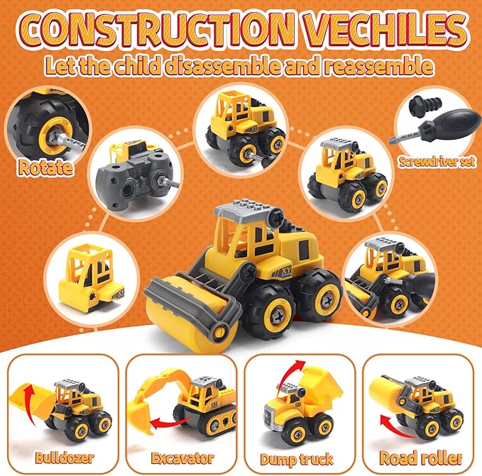 Play Construction Sand Kit,2.2lbs Magic Sand W/4 Large Take Apart Construction Trucks,1 Sandbox,8 Worker Figures and Road Signs,8 Molds,Toys for 2-8 Years Old Boys Girls