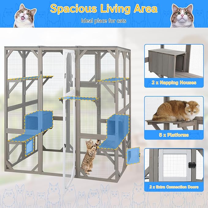 Catio Outdoor Cat Enclosure Cat House, Large Wooden Walk-in Cat Cage Condo Indoor Playpen with Multi Platforms, Flat Roof, and 2 Resting Box (Grey, 70.9" L x 36.5" W x 70.9" H)