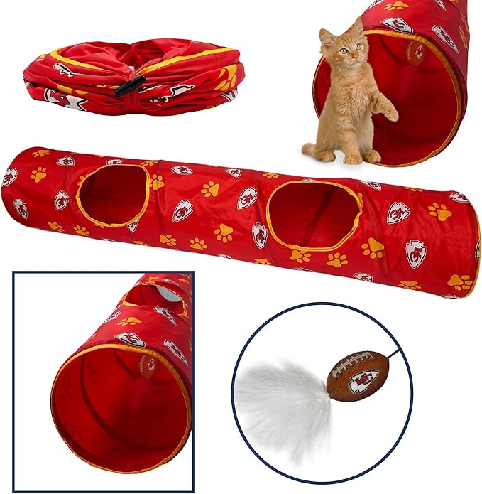 NFL Kansas City Chiefs Cat Tunnel Tube Toy with Plush Football Catnip and Feathers Collapsible Tunnel for Cats to Play, Peek and Hide, Sporty & Fun Cat Tunnel Toy with Team Logo All-Over Design!