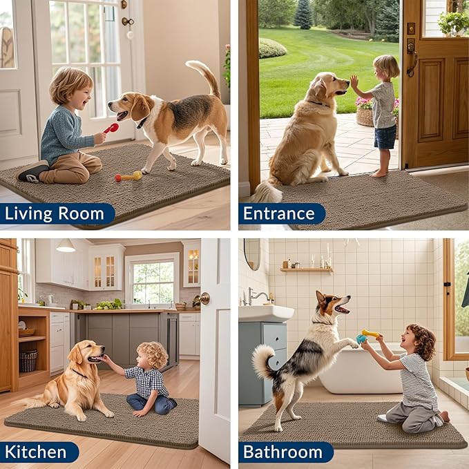 Smiry Dog Door Mat for Muddy Paws 47x24, Absorbs Moisture and Dirt Doormat, Non-Slip Washable Quick Dry Chenille Front Door Mat Indoor Entrance, Entryway Carpet for Inside Floor, Camel