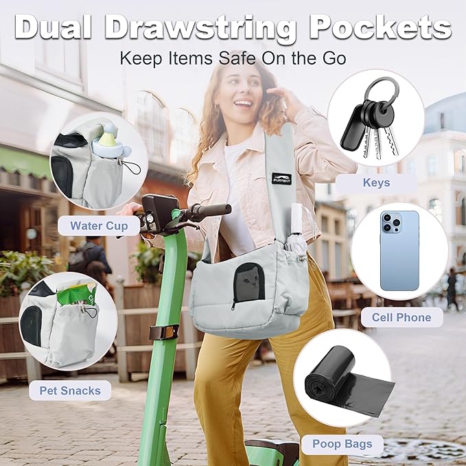 Cat Sling, Dog Carriers for Small Dogs up to 8.8 lbs Kitten and Puppy, Breathable Cats Carrier Pouch Pet Purse with Pockets, Hands-Free Pet Carrier with Safety Harness for Travel, Gray