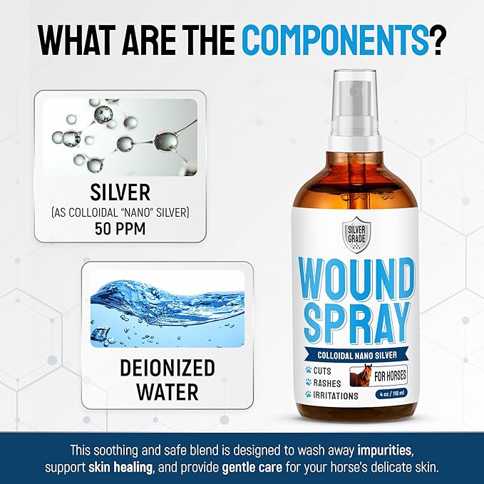 Horse Wound Care Spray with Silver – Wounds, Scratches, Cuts, Abrasions, Itching, Hot Spots, Skin Irritation – First Aid Solution and Breeds – 4 Oz