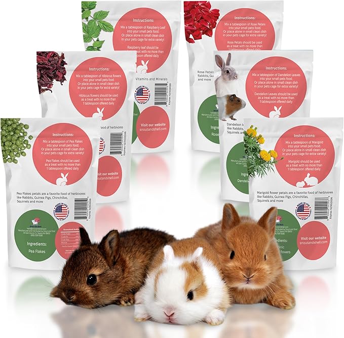 Snout and Shell Small Pet Mega Pack – 6 Natural Treats: Pea Flakes, Dandelion, Raspberry Leaf, Marigold, Rose Petals & Hibiscus – For Rabbits, Guinea Pigs, Chinchillas & More – Foraging & Health Boost