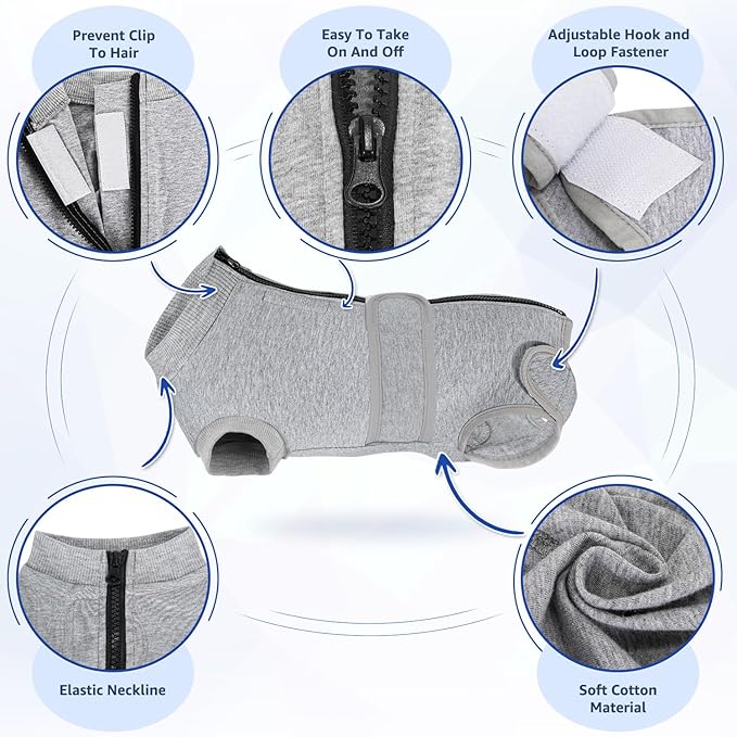 Lukovee Recovery Suit for Dogs, Zipper On Recovery Suit for Female Male Dog, Onesie Abdominal Wounds Cone E-Collar Alternative Prevent Licking Spay Recovery Suit (GY,XXL)