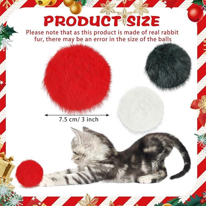LEIFIDE 12 Pieces Real Rabbit Fur Pom Pom Kitty Cat Toy Fluffy Cat Balls Soft Fuzzy Balls for Kitty Pets Kitten Chase Quiet Play, 3 Inches in Diameter(Red,White,Green)