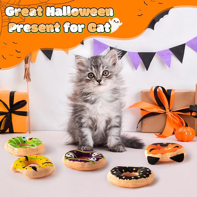L1rabe Halloween Donut Catnip Stuffed Toys - 5 Funny Pumpkin Bat Spider Dessert Cat Toys Pet Supplies, Indoor Cats Chew Bite Teething Tools Kittens Catmint Birthday Interactive Supplies