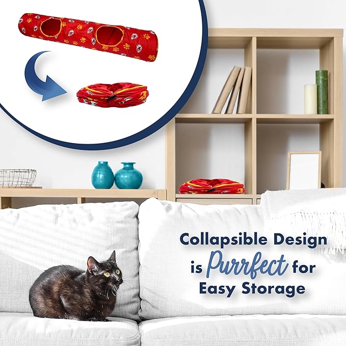 NFL Kansas City Chiefs Cat Tunnel Tube Toy with Plush Football Catnip and Feathers Collapsible Tunnel for Cats to Play, Peek and Hide, Sporty & Fun Cat Tunnel Toy with Team Logo All-Over Design!