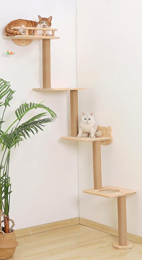 Cat Tree Wall Mounted with 4 Levels Shelves, 73" Wood Corner Tower Inside Kitten Scratching Post for Climbing,Perching and Lounging (Right to Left)