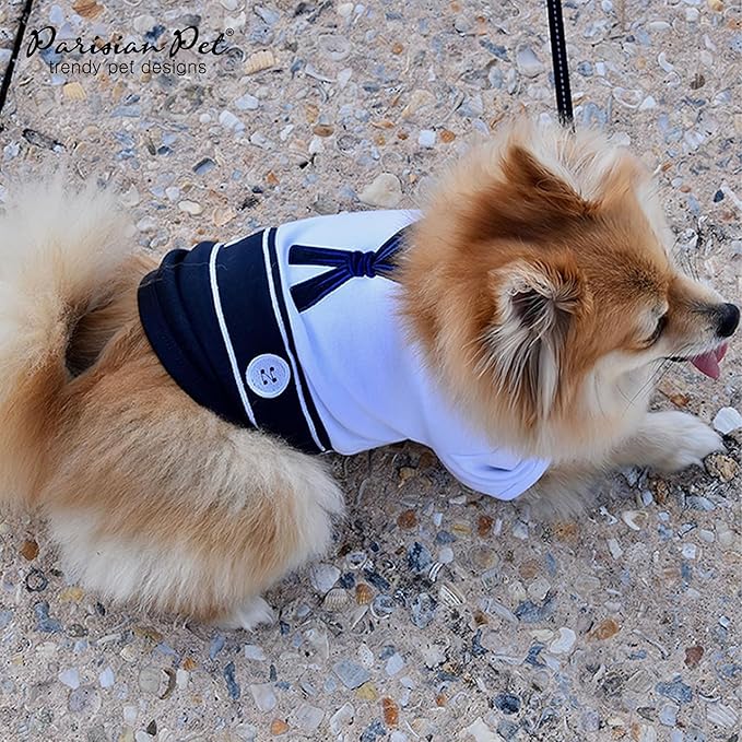 Parisian Pet Blue & White Sailor Dog Shirt - Embroidered Cotton & Polyester Costume - Large Sleeved Dog Clothes