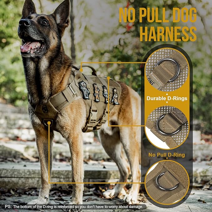 OneTigris No Pull Tactical Dog Harness for Medium Dog, Aire Mesh Dog Vest Harness, Breathable Military Molle Vests with Handles, Service Dog Vest for Walking Hiking Training (M, Brown)