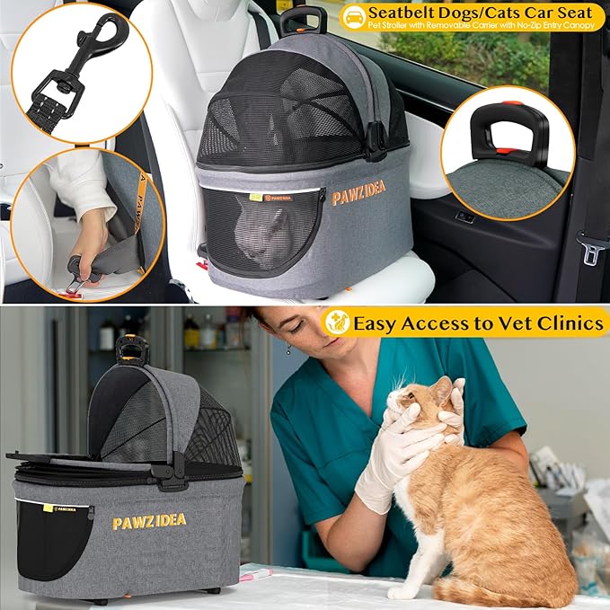 PAWZIDEA Double Pet Stroller with 2 Detachable Carriers, Portable Dog Crate for Car Travel & TSA-Approved Expandable Cat Carrier, Foldable Lightweight Jogger Stroller for 2–4 Cats or Small/Medium Dogs