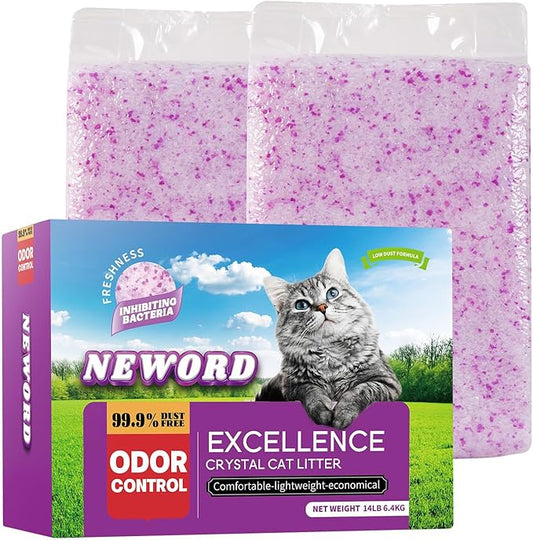 NEWORD Crystals Cat Litter Lightly Scented Litter Superior Odor Control 14 lbs Total (2 Pack of 7lb Bags) Soft-On-Paws Low Tracking Dust-Free Purple Silica Gel, Lavender