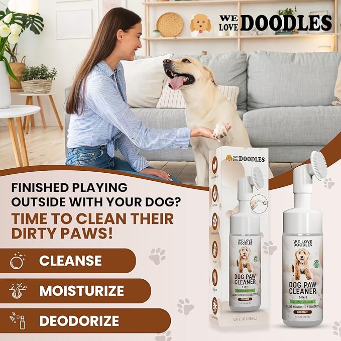 Dog Paw Cleaner (Over 100+ Feet Cleanings) No-Rinse Dog Foot Washer, Gentle and Safe Paw Cleaner for Dogs and Cats, Foam Formula, Moisturizes and Deodorizes, 150mL (Coconut) [We Love Doodles]