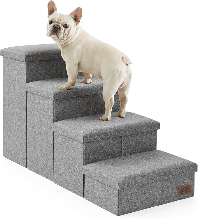 Dog Stairs with Storage, 4-Step Wider Sturdy Dog Steps for Small/Medium/Large Dogs and Older Cats, Folding Doggie Ramp for Bed/Couch/Car Hold Up to 180 lbs (22" H, Grey)
