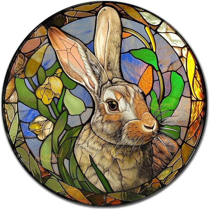 Lygond Metal Sign Tin Sign Circular Stained Glass Rabbit Restroom Tin Sign for Garden 8×8 Inches