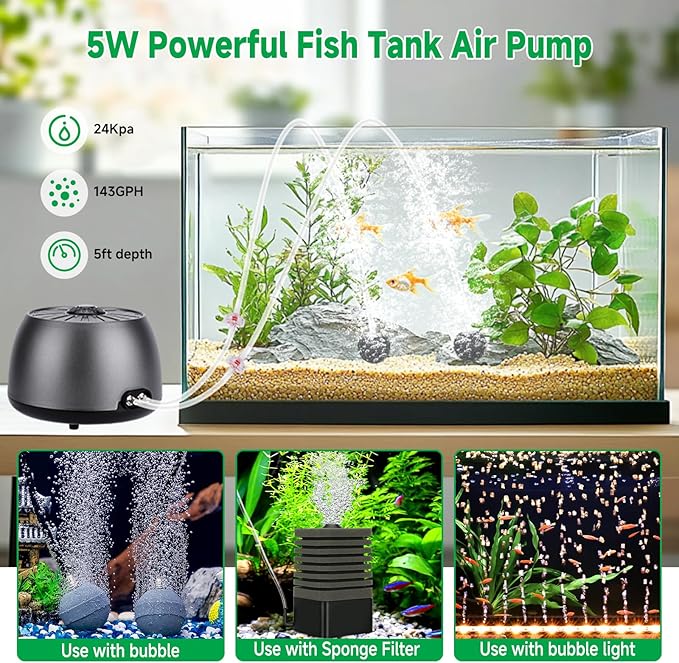 hygger Quiet Aquarium Air Pump, Adjustable Oxygen Aerator with Dual Output, 5W/8W Low Noise Air Pump with Air Stone Bubbler for Aquarium Fish Tank, Hydroponic System