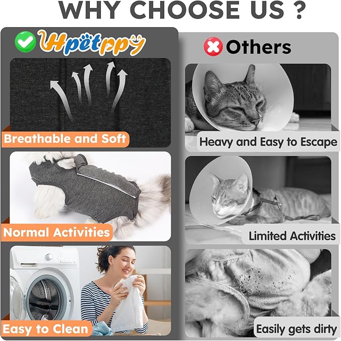 Cat Recovery Suit for Spay Abdominal Wounds, Kitten Onesie Bodysuit for Cats After Surgery, Cat Surgery Recovery Suit Female Cone of Shame Alternative for Cats Anti Licking (Dark Grey,S)