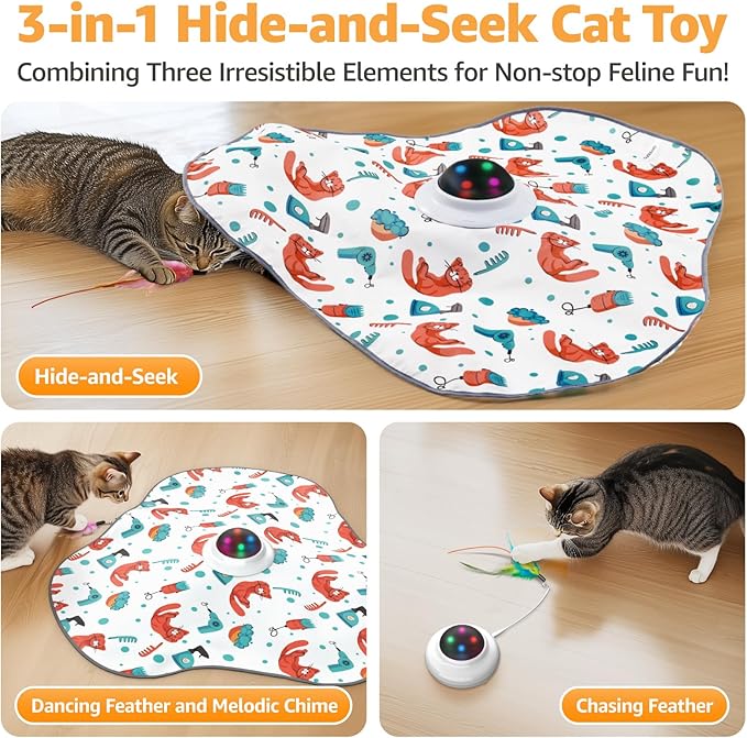Interactive Cat Toys Rechargeable: Moving Concealed Feathers with Chime - Hide and Seek Toys,Touch Cat Kitten Toy Exercise Toys for Indoor Bored Adult Cats,White