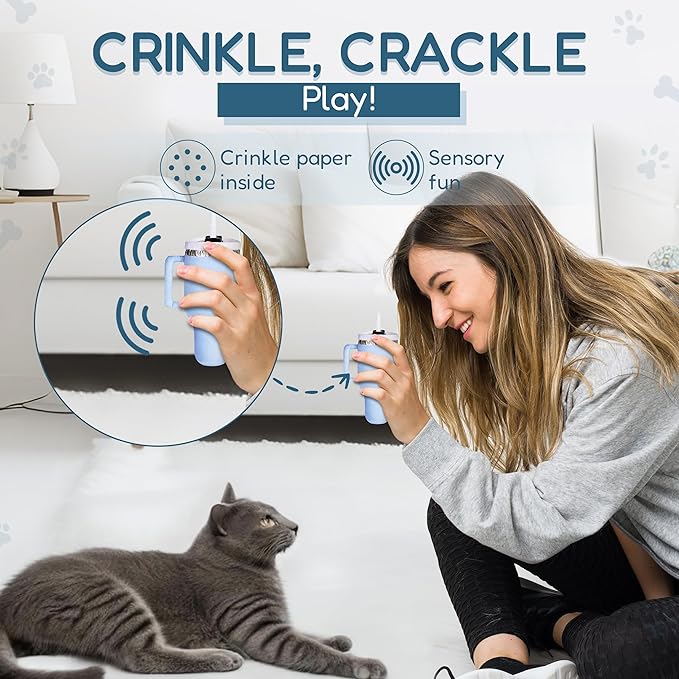 Kitty Cup Tumbler Cat Toy – Funny Cat Birthday Gifts with Catnip & Crinkle Paper, Cute Girl Kitten Toys (Chambray Blue)