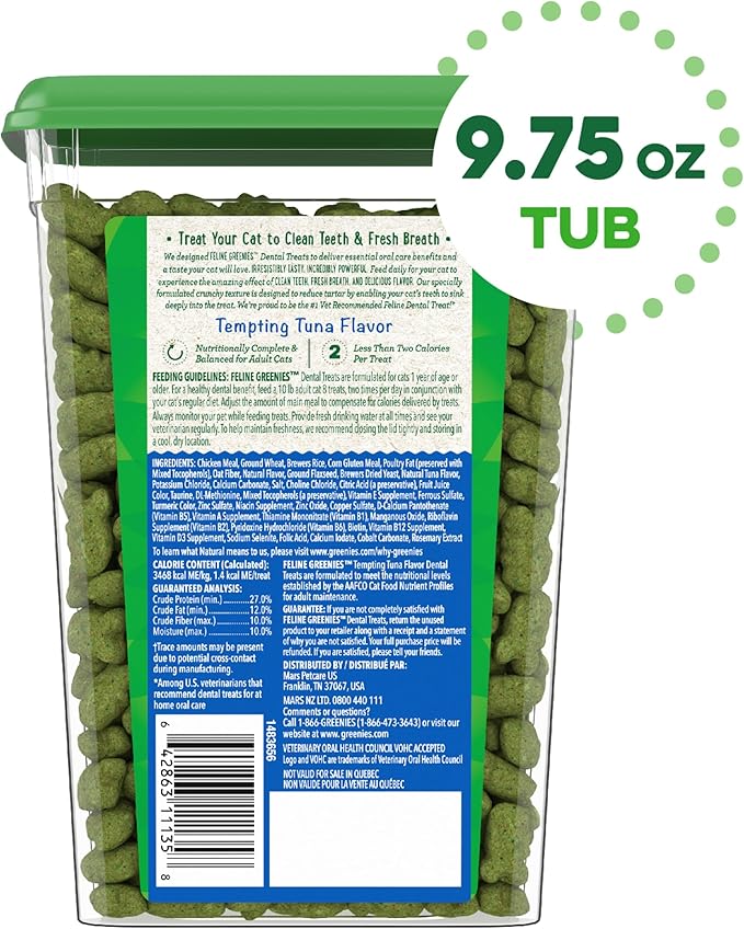 Greenies Feline Adult Dental Cat Treats, Tempting Tuna Flavor, 9.75 oz. Tub