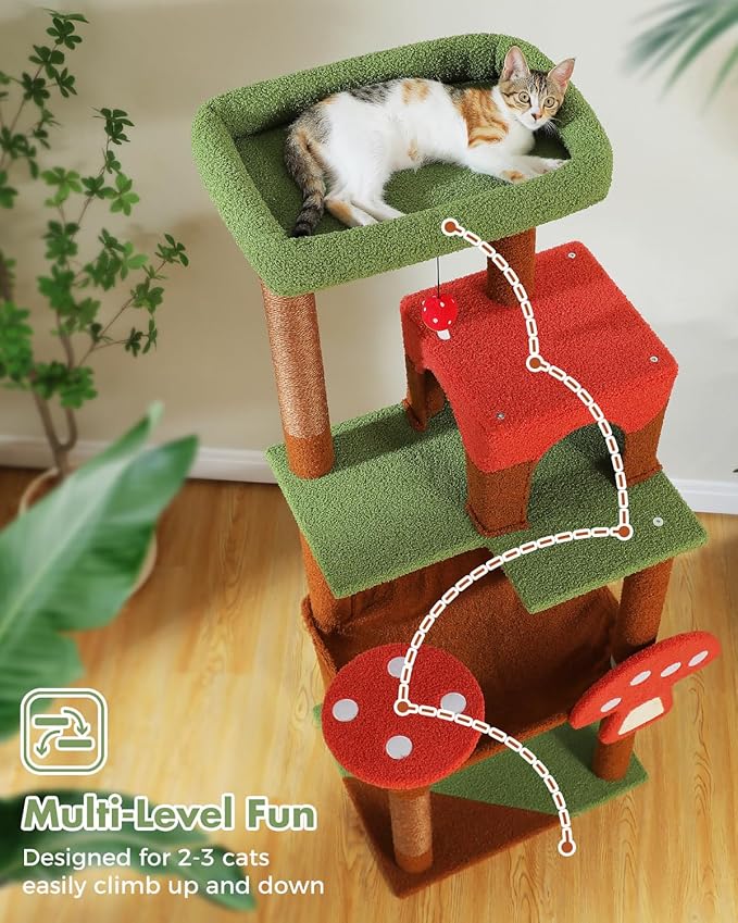 Mushroom Cat Tree Tower with Removable Scratcher, Large Hammock, Condo, Perch, 3 Sisal Posts – Multi-Level Cat Tree for Indoor Cats, Cute Cat Tower for Small Space Homes