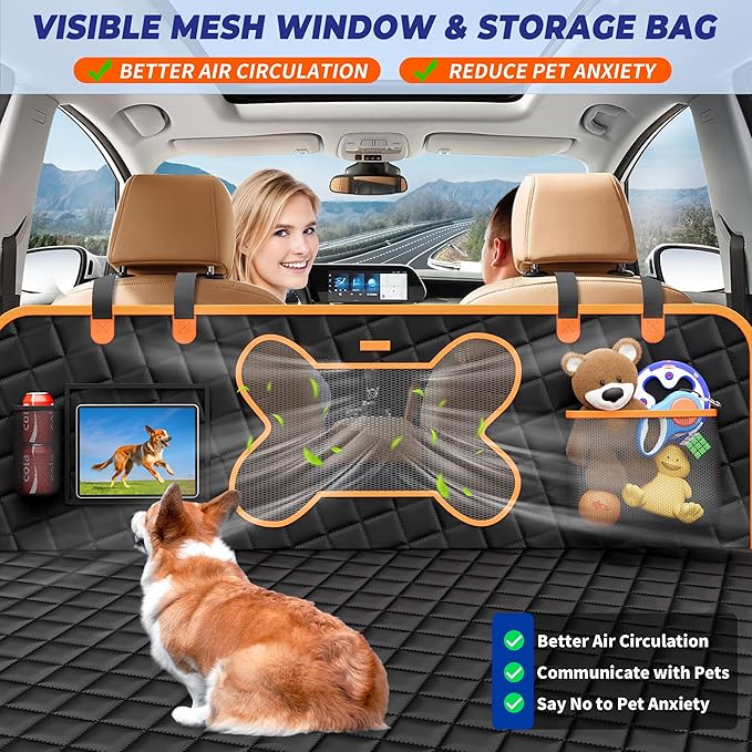 Dog Back Seat Extender for Truck, Hard Bottom Dog Car Seat Cover-Strong Support Waterproof Scratch-Proof Pet Hammock for Full Size F150/RAM1500/Silverado Crew Cab Pickup, Black with Orange