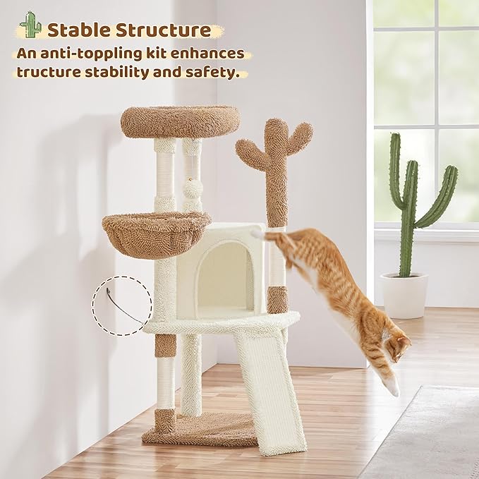 Yaheetech Cactus Cat Tree, 42in Cat Tower for Indoor Cats, Multi Level Kitten Condo Scratching Post, Pet Activity Center Furniture w/Ball, Plush Perch, Platform, Basket, Beige/Brown