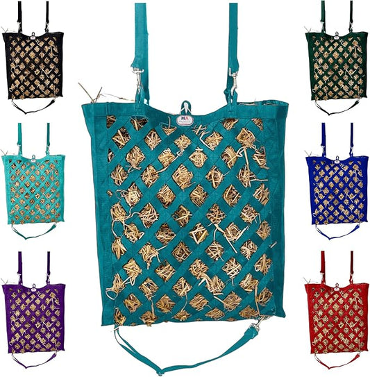 Majestic Ally Premium Nylon Hay Bag for Horses and Livestock, Simulates Grazing, Slow Feeding, Heavy-Duty PP Webbing,Quick-Adjust Straps, Small Hole for Digestion, Multiple Colors (Teal)