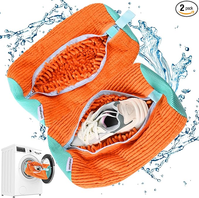 Shoe Bag For Washing Machine Laundry Shoe Bag 2 PCS Set Orange, Sneaker Trainer Tennis Shoe Washing Machine Bag, Shoe Washing Bag Fluffy Fiber Inside, Large Size Shoe Laundry Bag, Shoe Cleaning Bag
