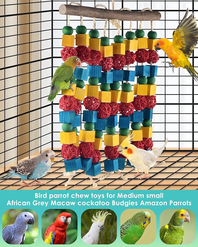 Large Parrot Toys, 17.7 inch Multicolored Natural Wooden Blocks Beads Rattan Balls, Bird Chew and Hanging Tearing Toys for Large Medium Birds Macaws African Grey Cockatoos Amazon Parrots