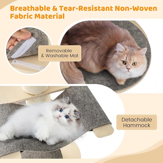 Tangkula Wood Cat Tree, 47 Inch Multi-Layer Cat Tower with 5.7” Thicker Sisal Covered Scratching Posts & Carpet, Padded Top Perch, 2 Jumping Platforms, Hammock, Modern Cat Tree Tower for Indoor Cats