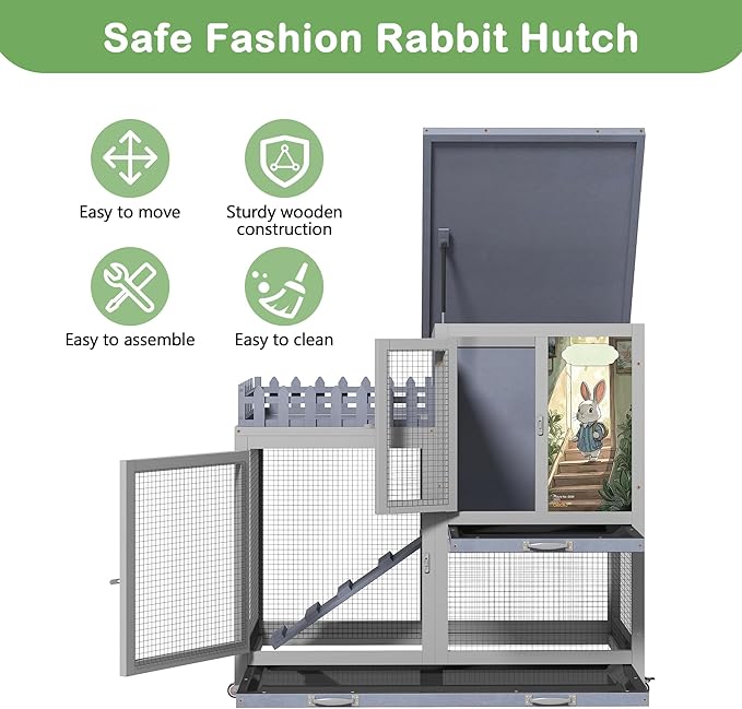 COZIWOW Double Layers Durable 38In Rabbit Hutch Indoor on Wheels, Small Animal Houses Habitat, Rolling Large Bunny Cage Outdoor with Removable Tray, Ramp, Two Story Bunny Cage（Grey with Pattern）
